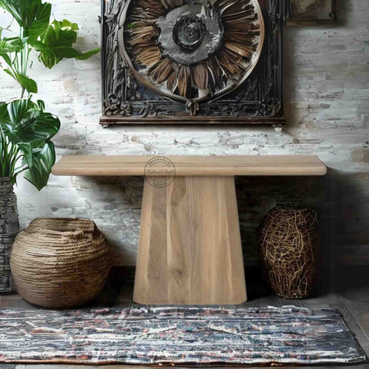 atlas console table is handcrafted with solid mango wood and rustic white finish. 