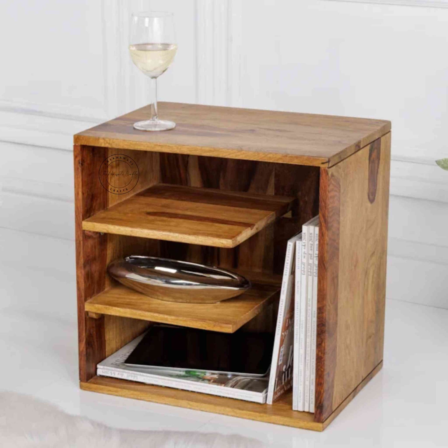 The Aurora end table, crafted from Sheesham wood, is ideal for home and office furniture.