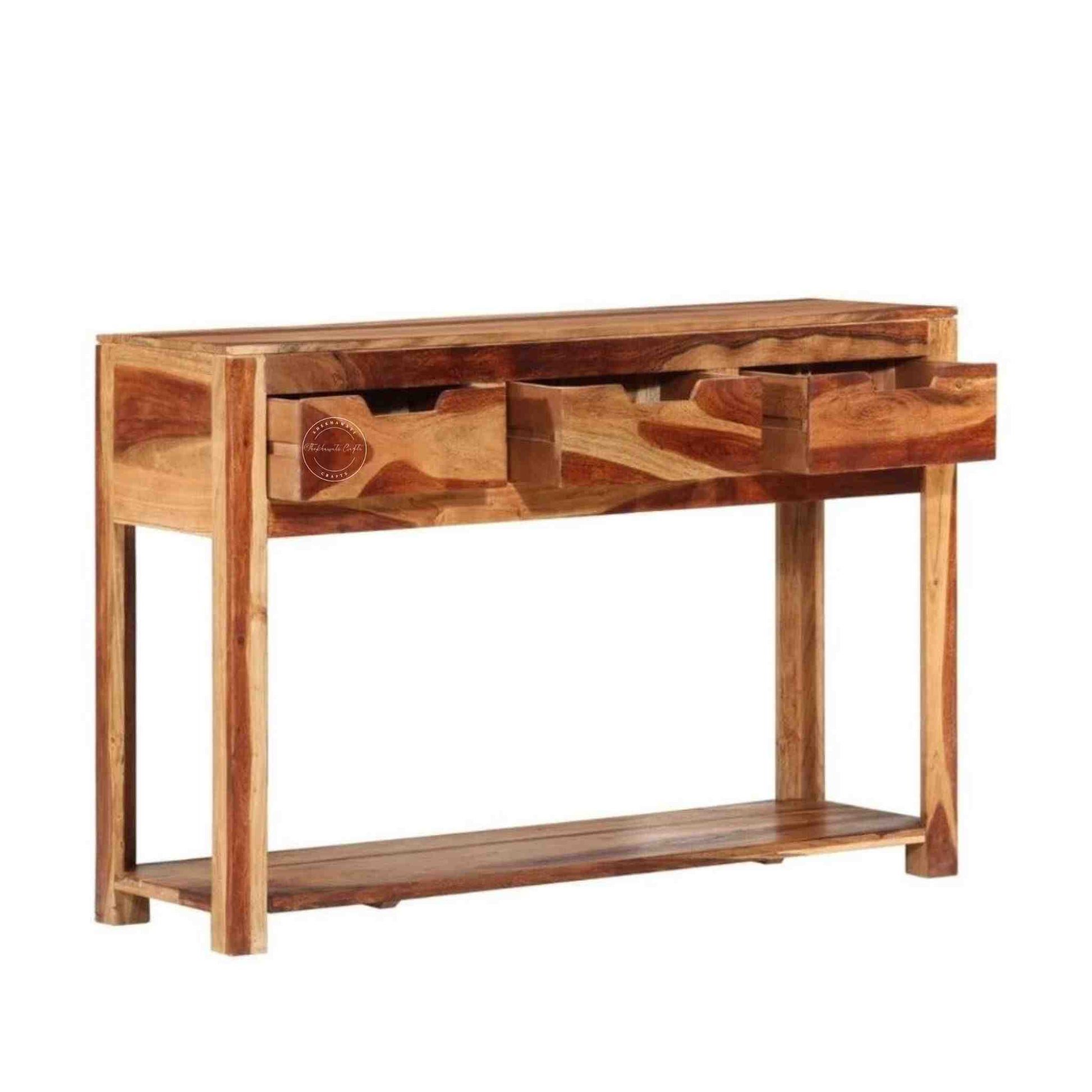 handcrafted Ayaan sheesham wood console table with 3 drawers and bottom shelf