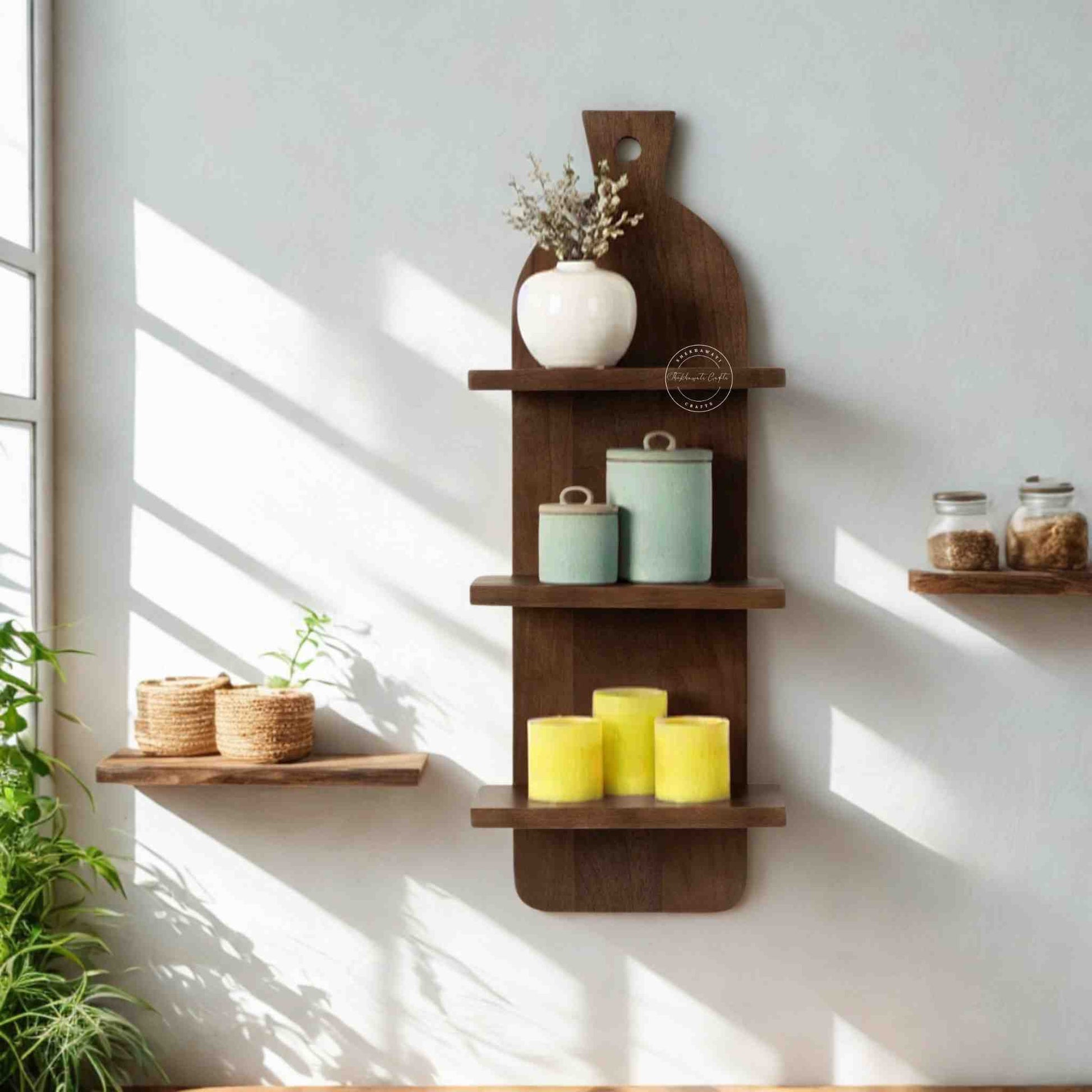 Bae Wall Mounted Shelf is handcrafted from mango wood and honey finish with a unique design for home decor.