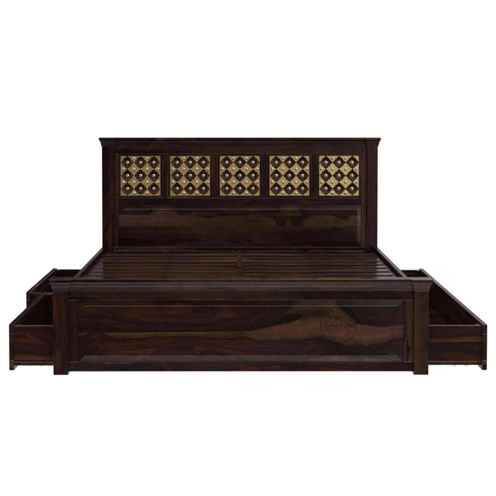 handcrafted Bakhra King Size sheesham wood Bed with brass work and 3 drawers