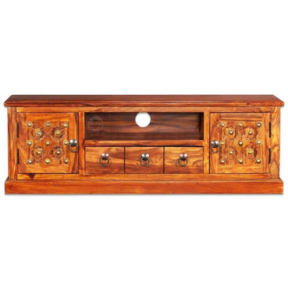 Bakhra TV Cabinet is handcrafted from sheesham wood with a natural finish, 2 Bakhra design doors and 1 drawer.