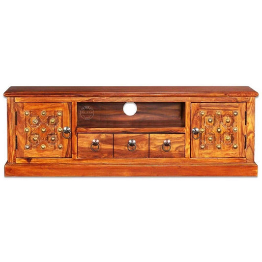 Bakhra TV Cabinet is handcrafted from sheesham wood with a natural finish, 2 Bakhra design doors and 1 drawer.