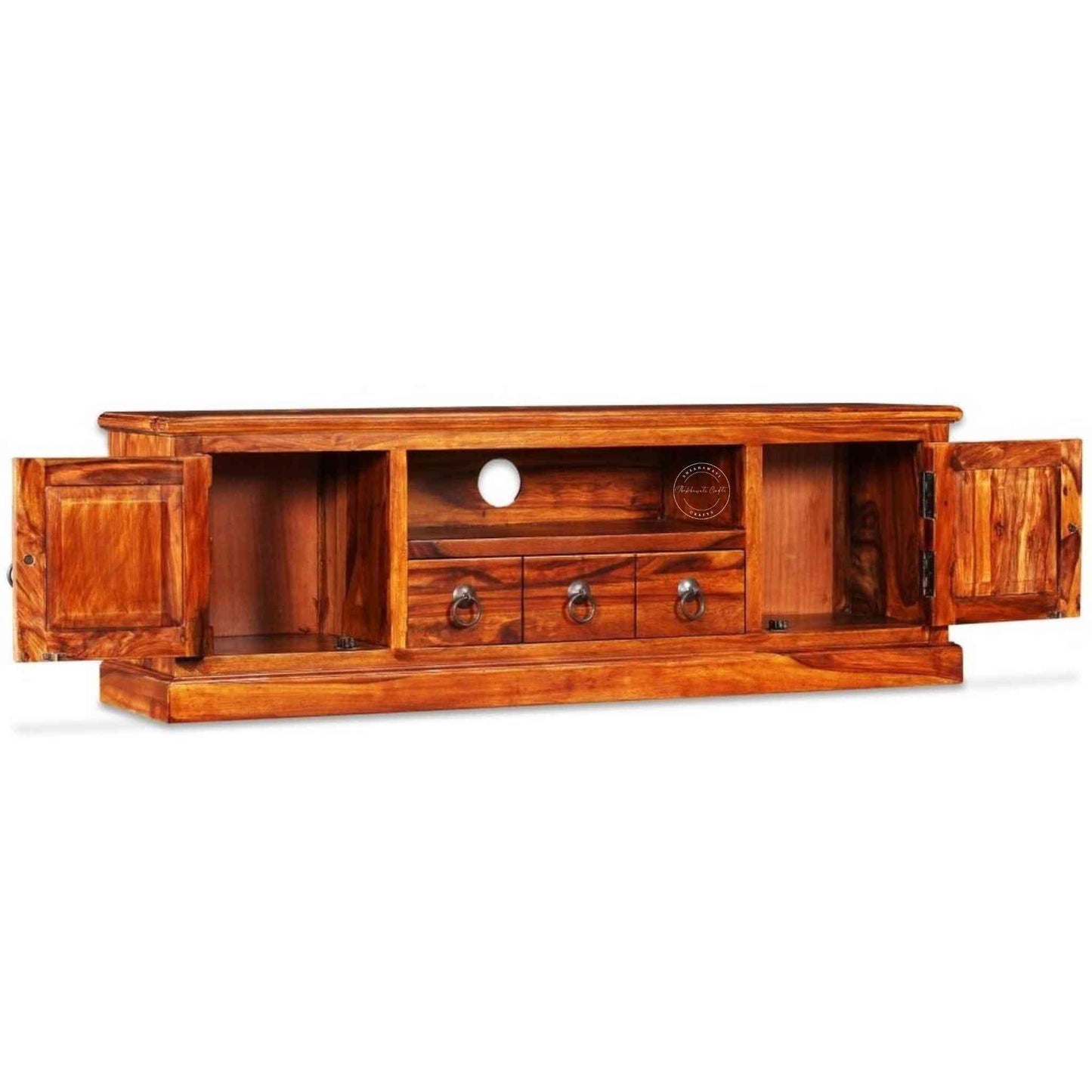 Bakhra TV Cabinet is handcrafted from sheesham wood with a natural finish, 2 Bakhra design doors and 1 drawer.