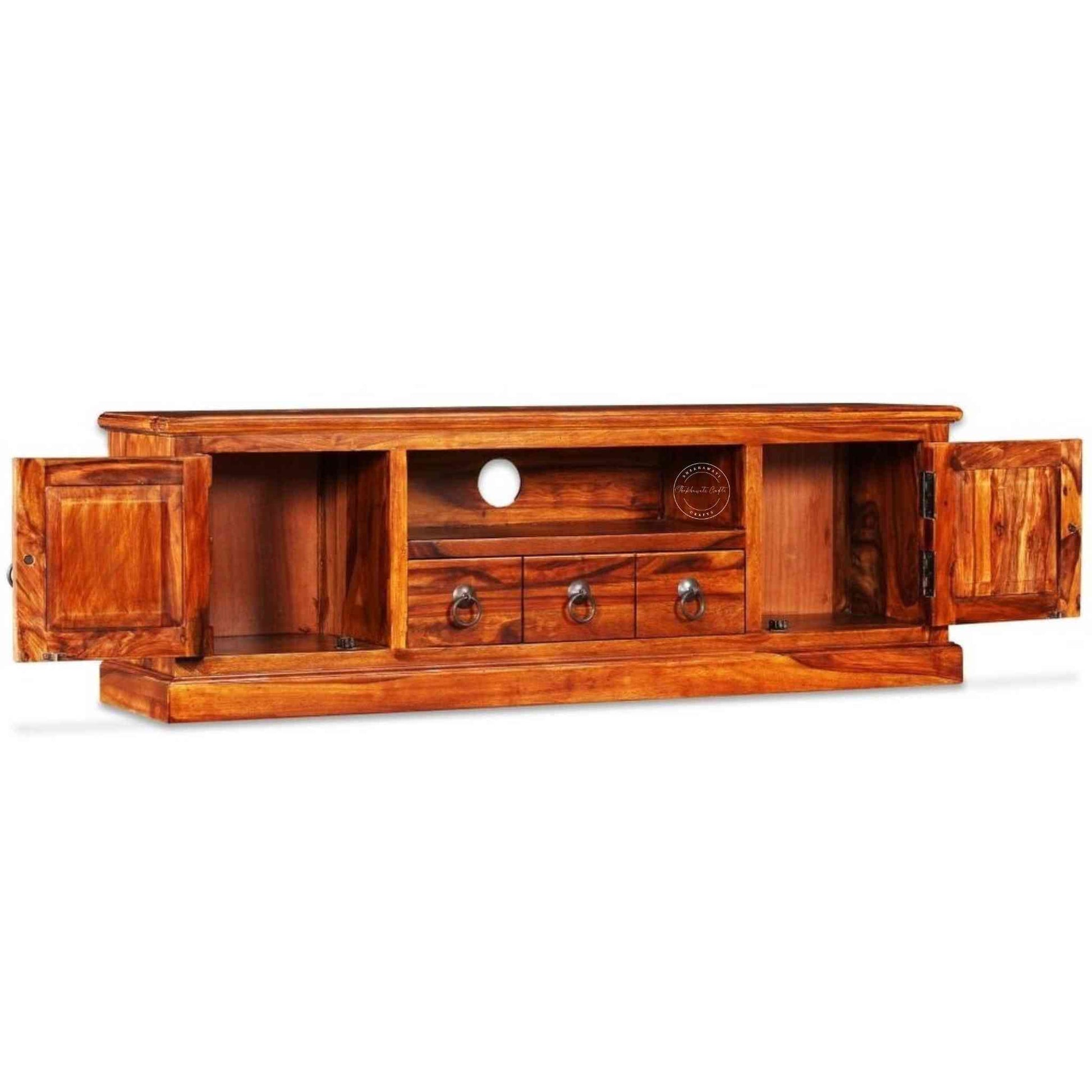 Bakhra TV Cabinet is handcrafted from sheesham wood with a natural finish, 2 Bakhra design doors and 1 drawer.