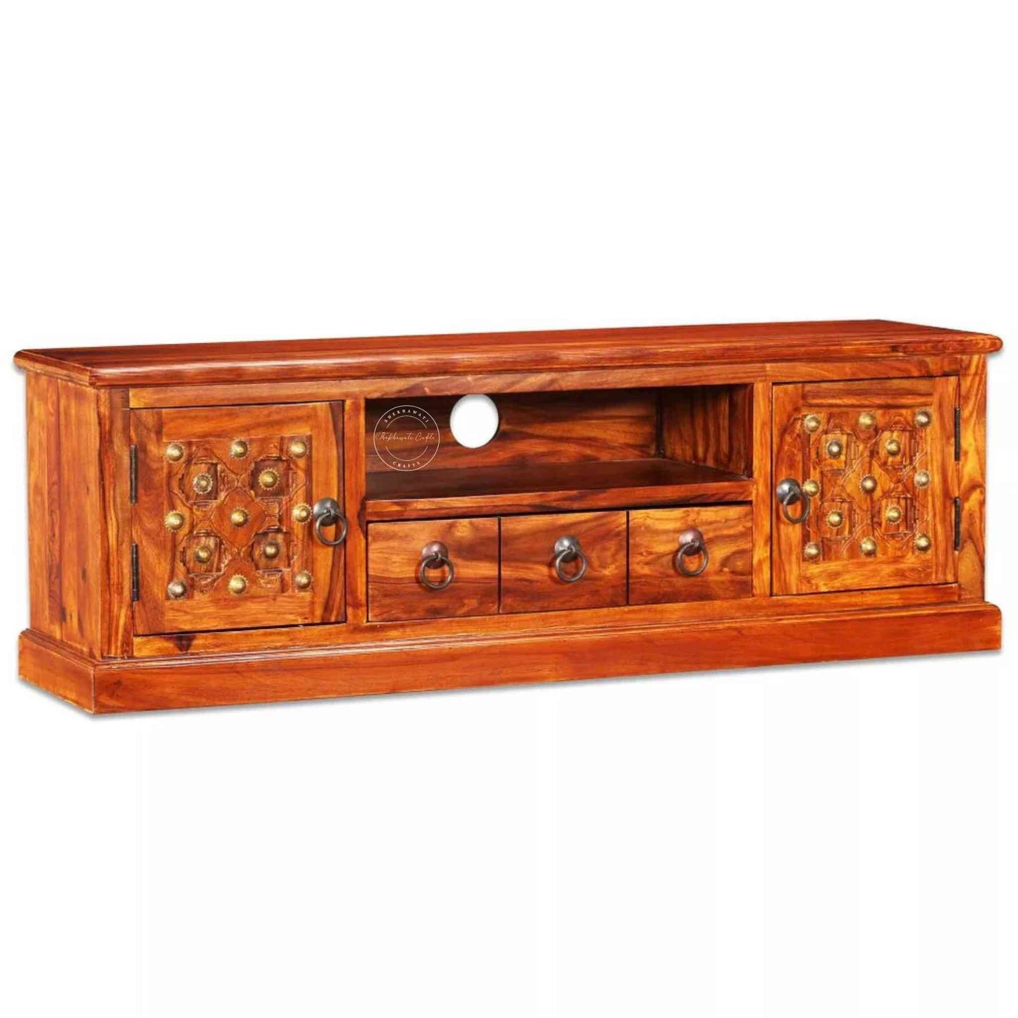 Bakhra TV Cabinet is handcrafted from sheesham wood with a natural finish, 2 Bakhra design doors and 1 drawer.