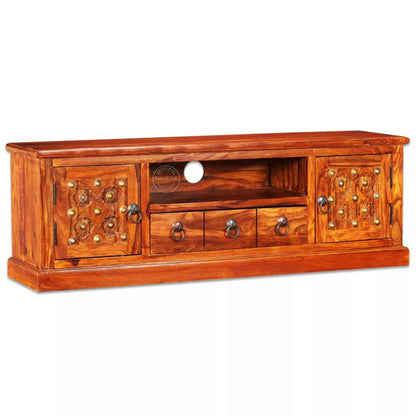 Bakhra TV Cabinet is handcrafted from sheesham wood with a natural finish, 2 Bakhra design doors and 1 drawer.
