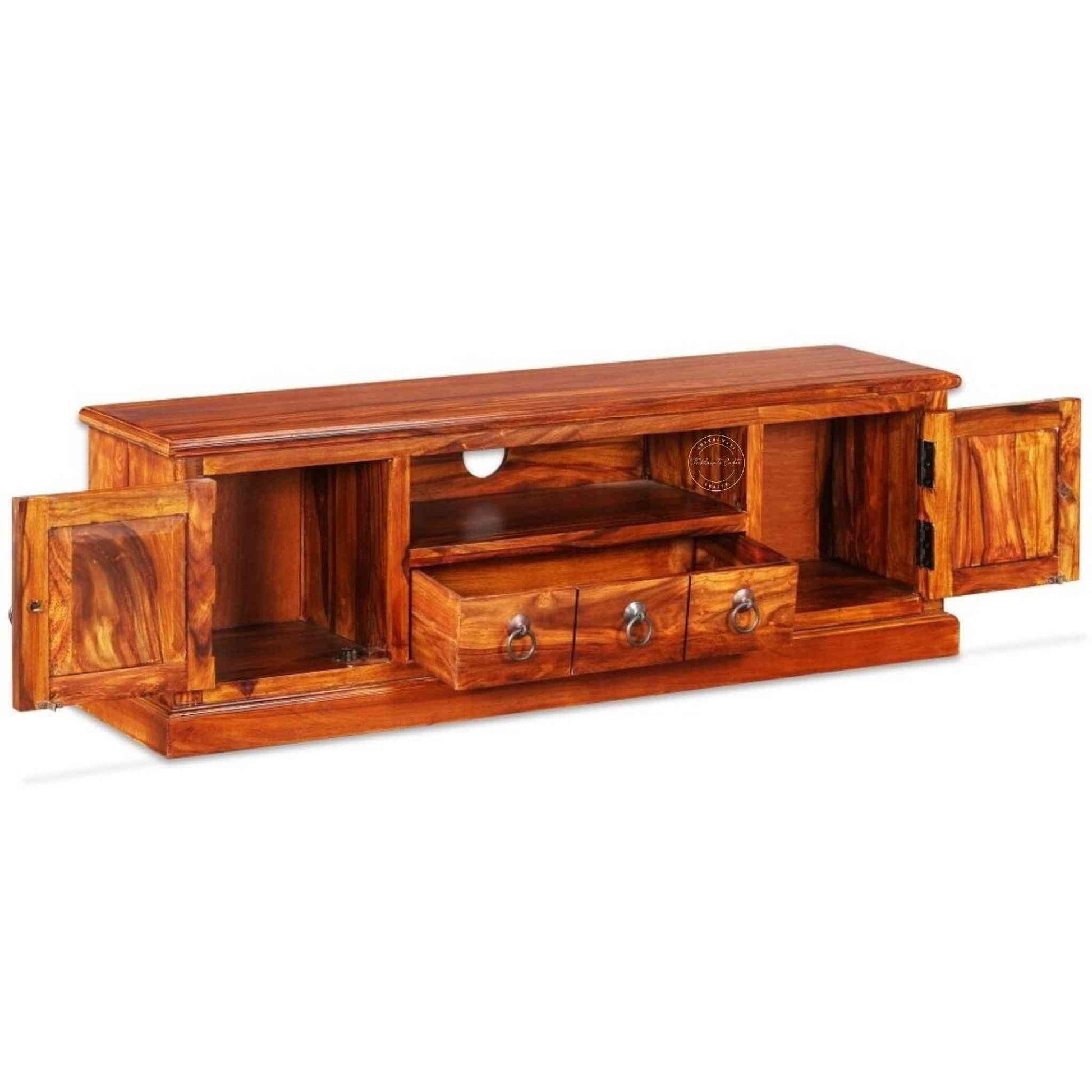 Bakhra TV Cabinet is handcrafted from sheesham wood with a natural finish, 2 Bakhra design doors and 1 drawer.
