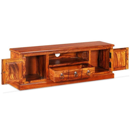 Bakhra TV Cabinet is handcrafted from sheesham wood with a natural finish, 2 Bakhra design doors and 1 drawer.