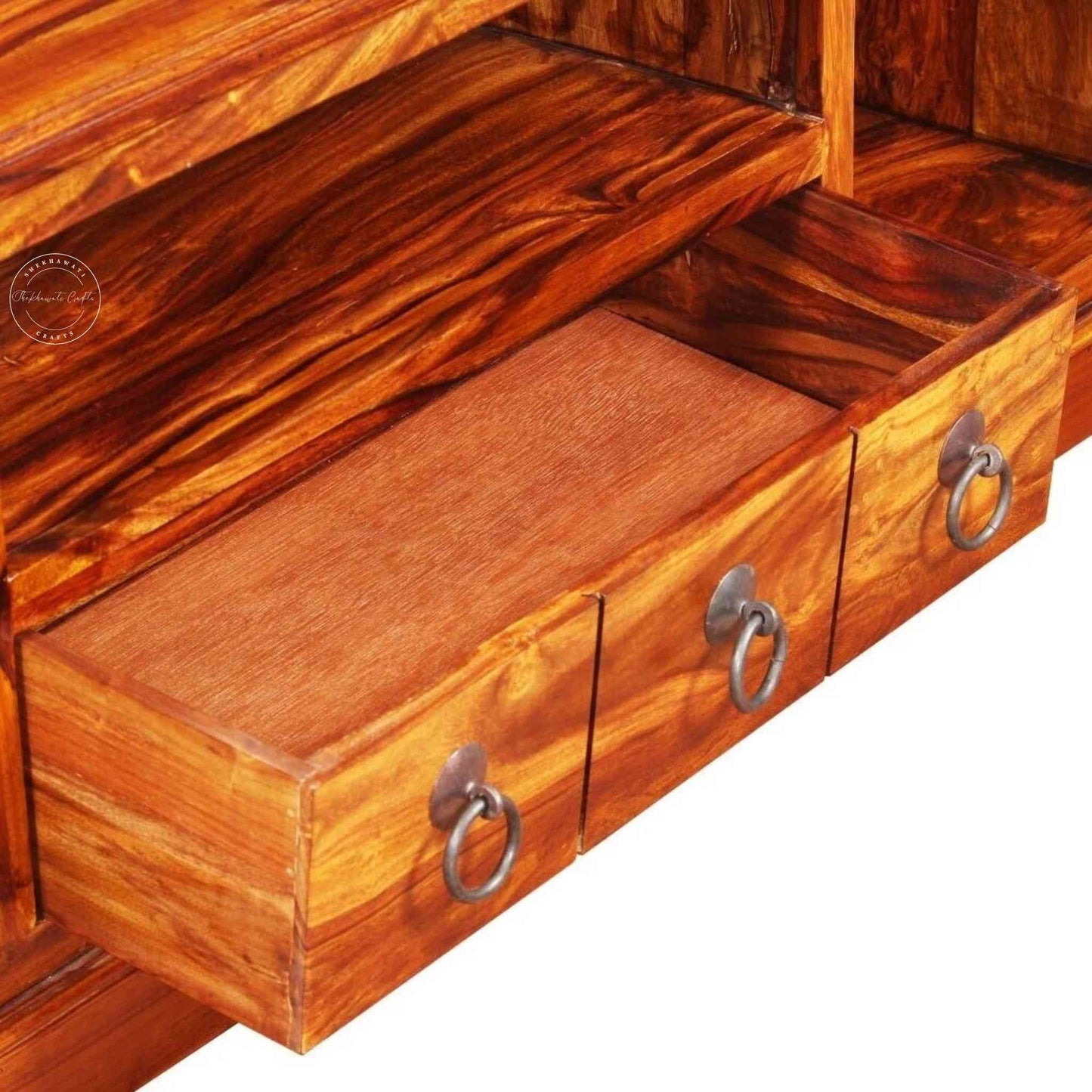 Bakhra TV Cabinet is handcrafted from sheesham wood with a natural finish, 2 Bakhra design doors and 1 drawer.