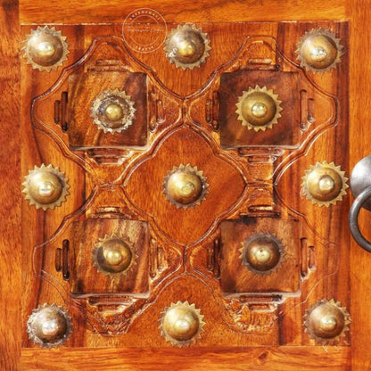 Bakhra TV Cabinet is handcrafted from sheesham wood with a natural finish, 2 Bakhra design doors and 1 drawer.