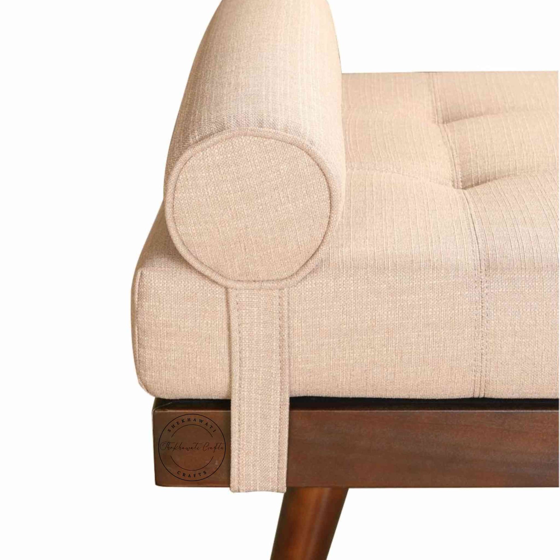 handcrafted Bari Daybed Sofa made from Sheesham wood with a walnut finish, jute fabric and extra comfort cushion.