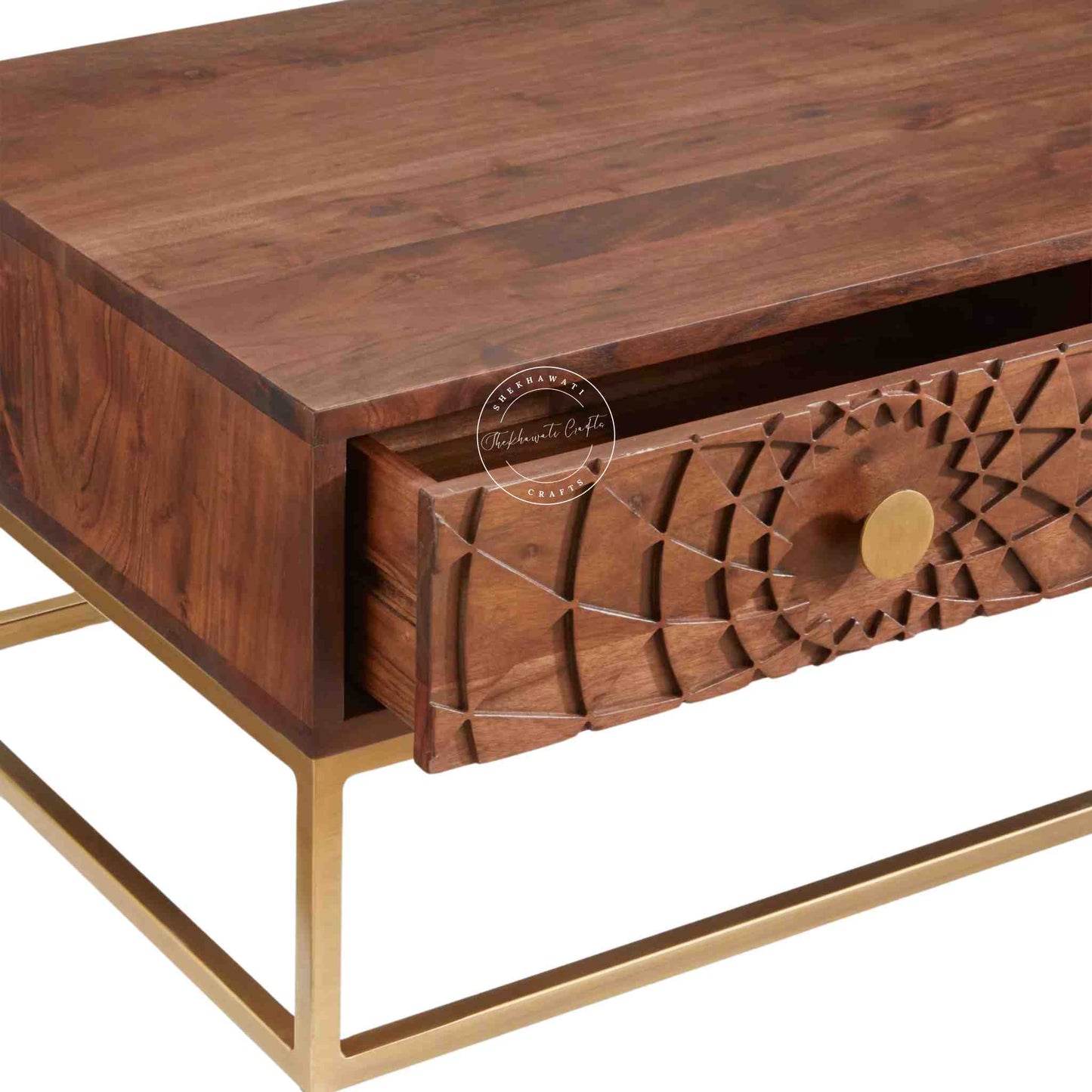 Belgium Center Table, Sheesham wood with honey finish, hand-carved drawers, golden finish iron legs