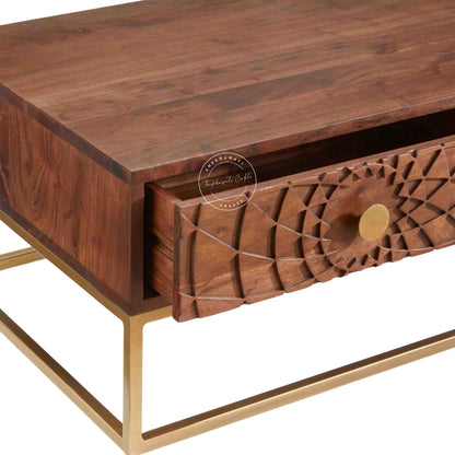 Belgium Center Table, Sheesham wood with honey finish, hand-carved drawers, golden finish iron legs