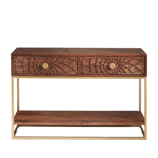Belgium Console Table, Sheesham wood with honey finish, 2 drawers, iron legs and a lower shelf.