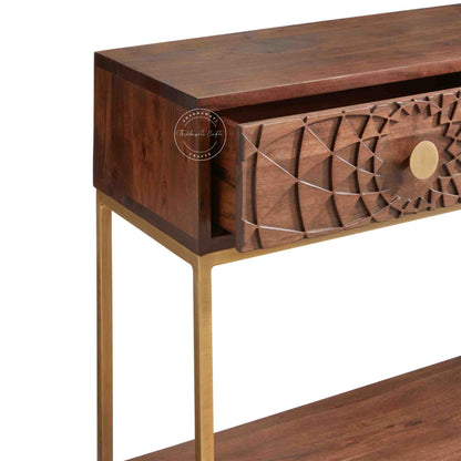 Belgium Console Table, Sheesham wood with honey finish, 2 drawers, iron legs and a lower shelf.