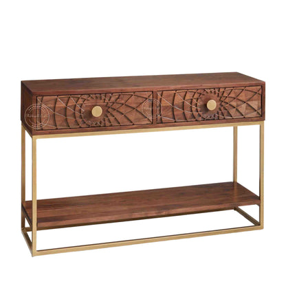 Belgium Console Table, Sheesham wood with honey finish, 2 drawers, iron legs and a lower shelf.