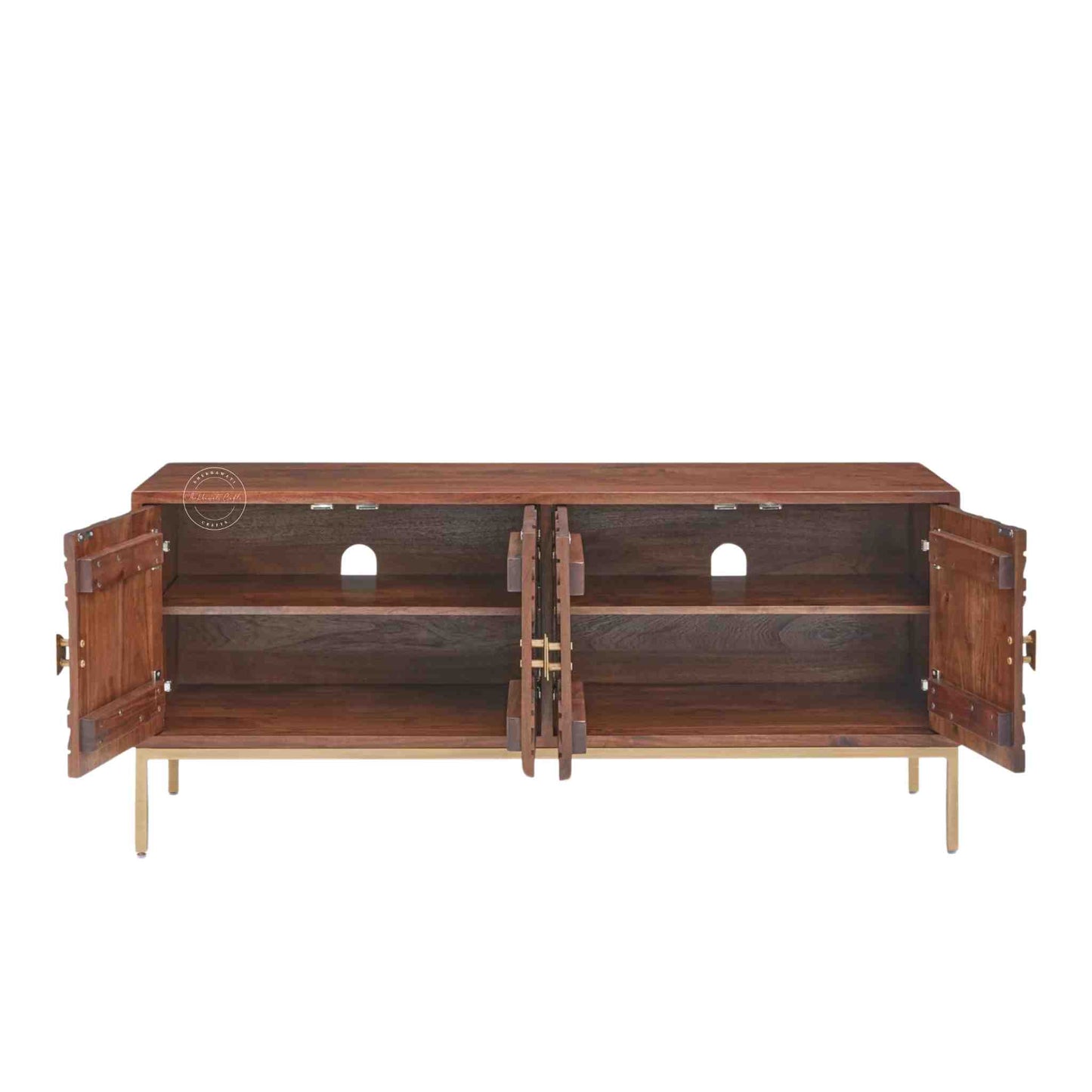 handcrafted Belgium TV cabinet made from sheesham wood with a honey finish, 4 doors with foldable shelf, golden finish legs.