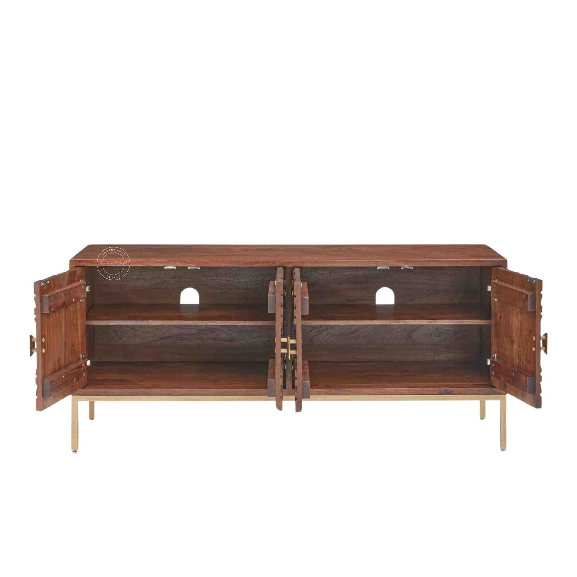 handcrafted Belgium TV cabinet made from sheesham wood with a honey finish, 4 doors with foldable shelf, golden finish legs.