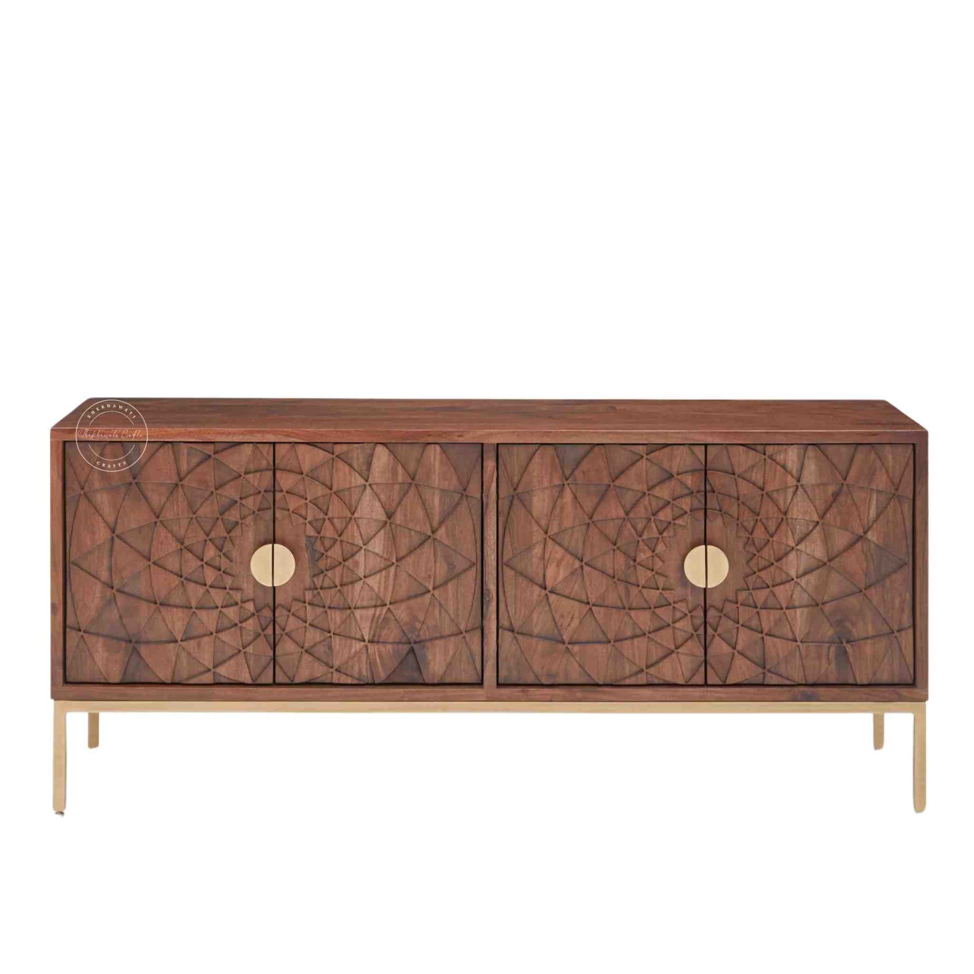 handcrafted Belgium TV cabinet made from sheesham wood with a honey finish, 4 doors with foldable shelf, golden finish legs.