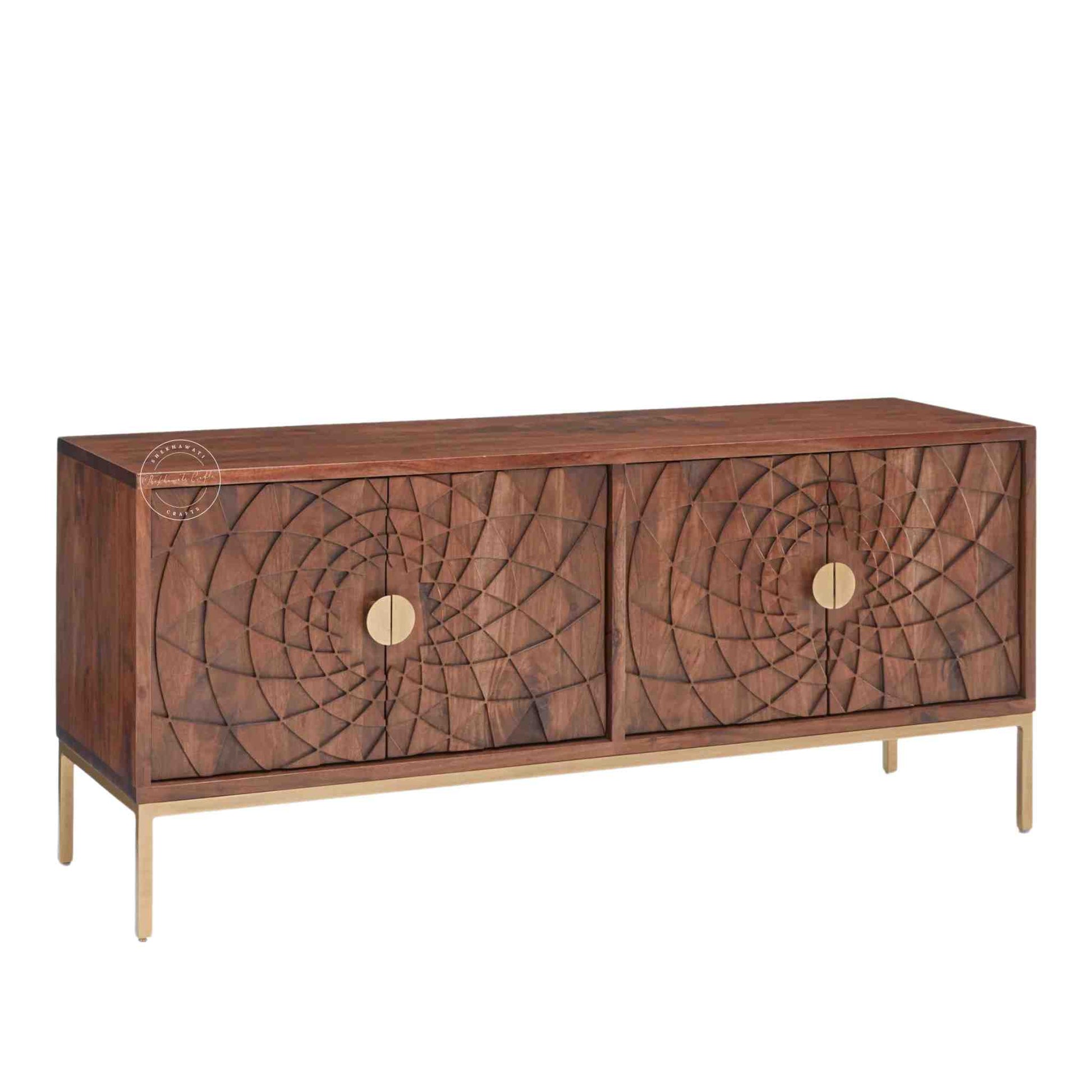 handcrafted Belgium TV cabinet made from sheesham wood with a honey finish, 4 doors with foldable shelf, golden finish legs.