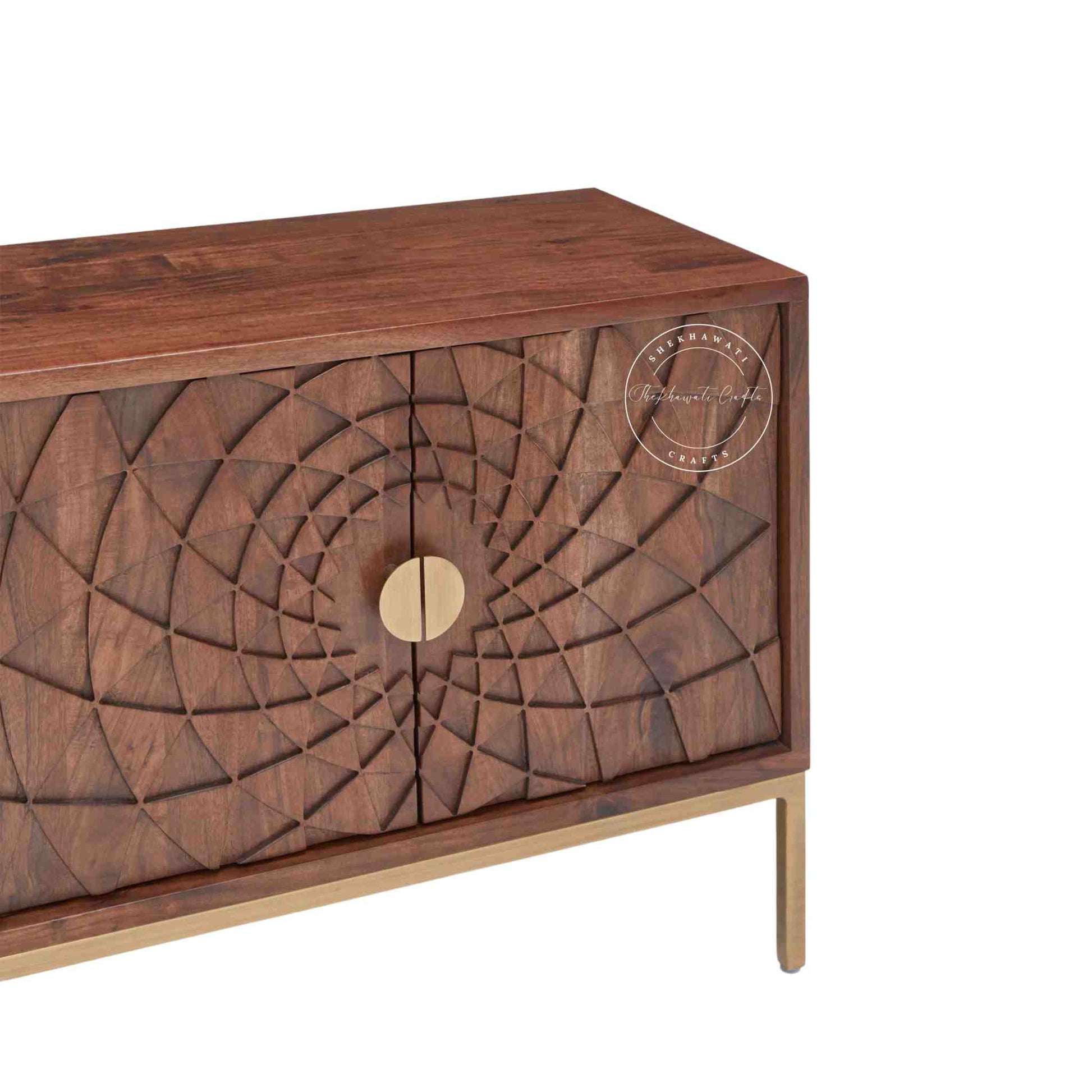 handcrafted Belgium TV cabinet made from sheesham wood with a honey finish, 4 doors with foldable shelf, golden finish legs.