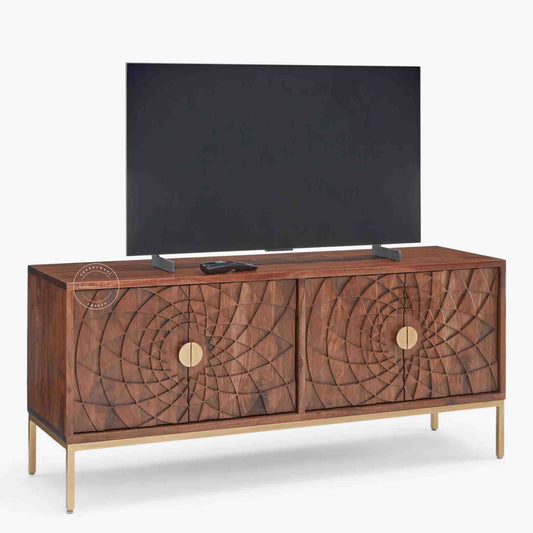 handcrafted Belgium TV cabinet made from sheesham wood with a honey finish, 4 doors with foldable shelf, golden finish legs.