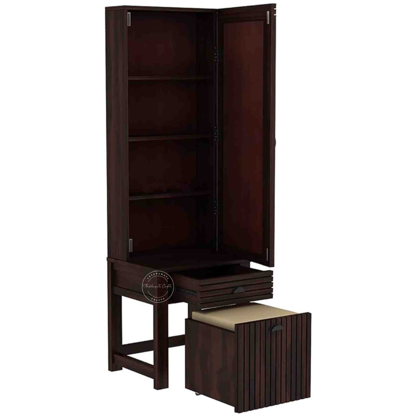 The Bergen dressing table is handcrafted from sheesham wood, featuring a mirrored storage door, one drawer, and a stool with storage options.