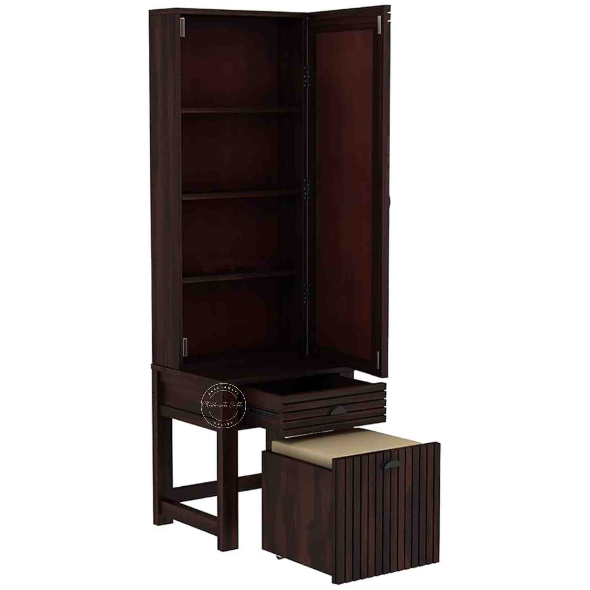 The Bergen dressing table is handcrafted from sheesham wood, featuring a mirrored storage door, one drawer, and a stool with storage options.