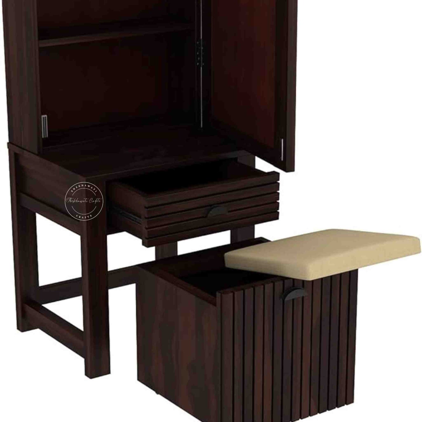 The Bergen dressing table is handcrafted from sheesham wood, featuring a mirrored storage door, one drawer, and a stool with storage options.
