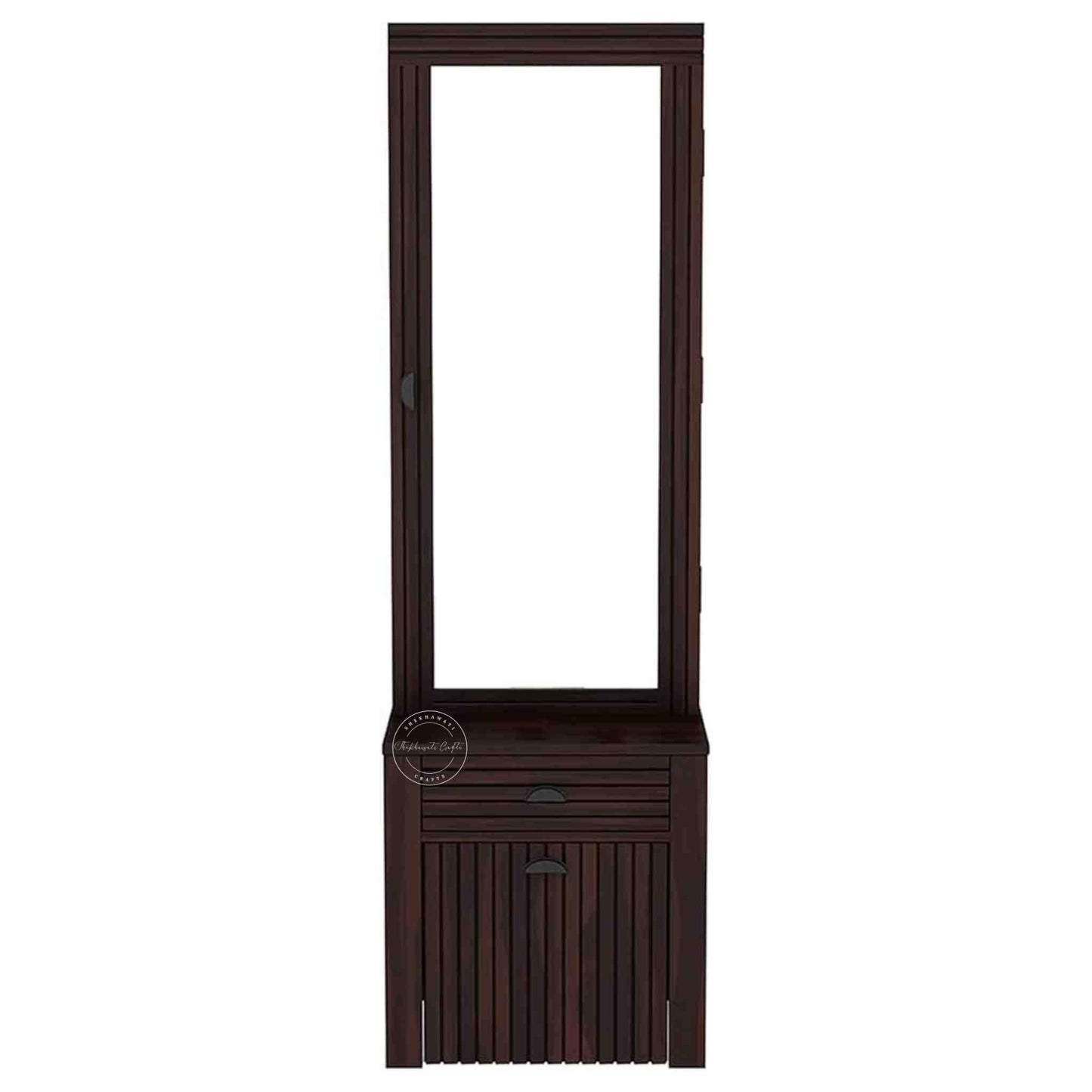 The Bergen dressing table is handcrafted from sheesham wood, featuring a mirrored storage door, one drawer, and a stool with storage options.