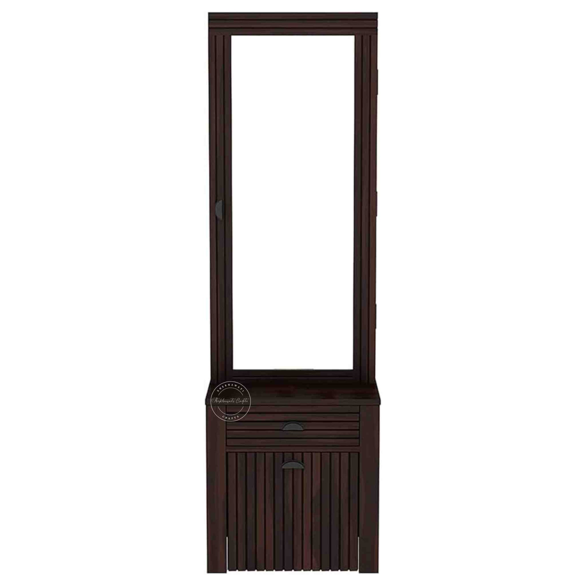 The Bergen dressing table is handcrafted from sheesham wood, featuring a mirrored storage door, one drawer, and a stool with storage options.
