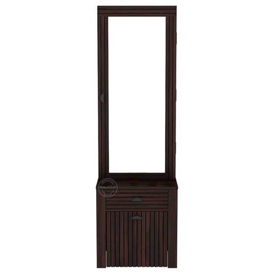 The Bergen dressing table is handcrafted from sheesham wood, featuring a mirrored storage door, one drawer, and a stool with storage options.