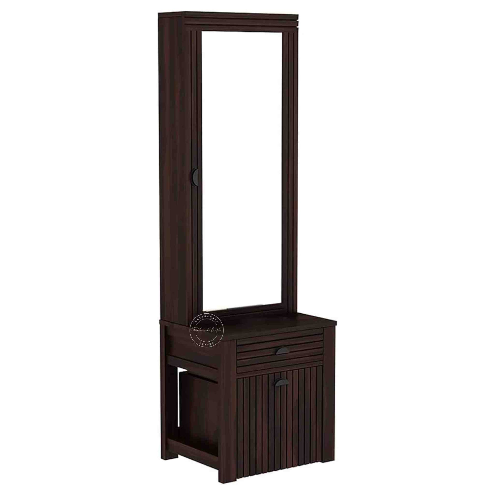 The Bergen dressing table is handcrafted from sheesham wood, featuring a mirrored storage door, one drawer, and a stool with storage options.