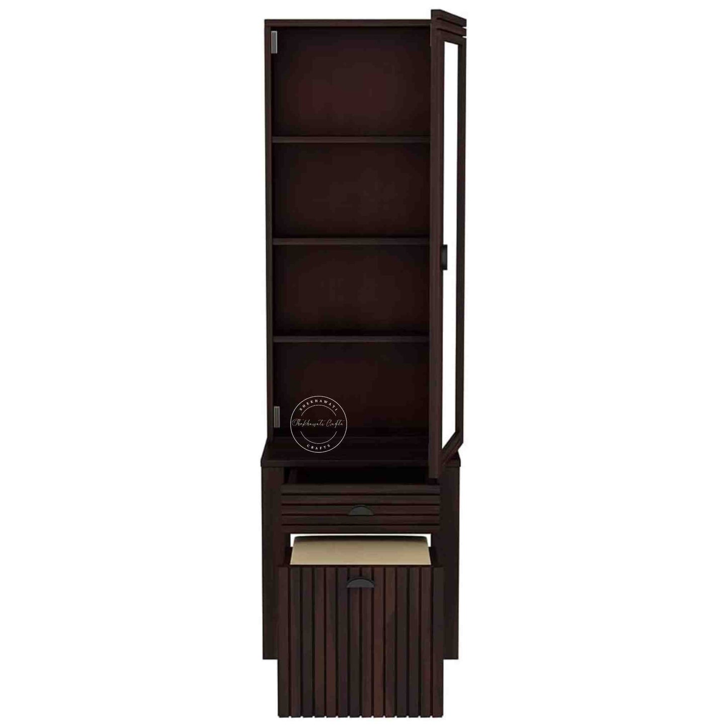 The Bergen dressing table is handcrafted from sheesham wood, featuring a mirrored storage door, one drawer, and a stool with storage options.