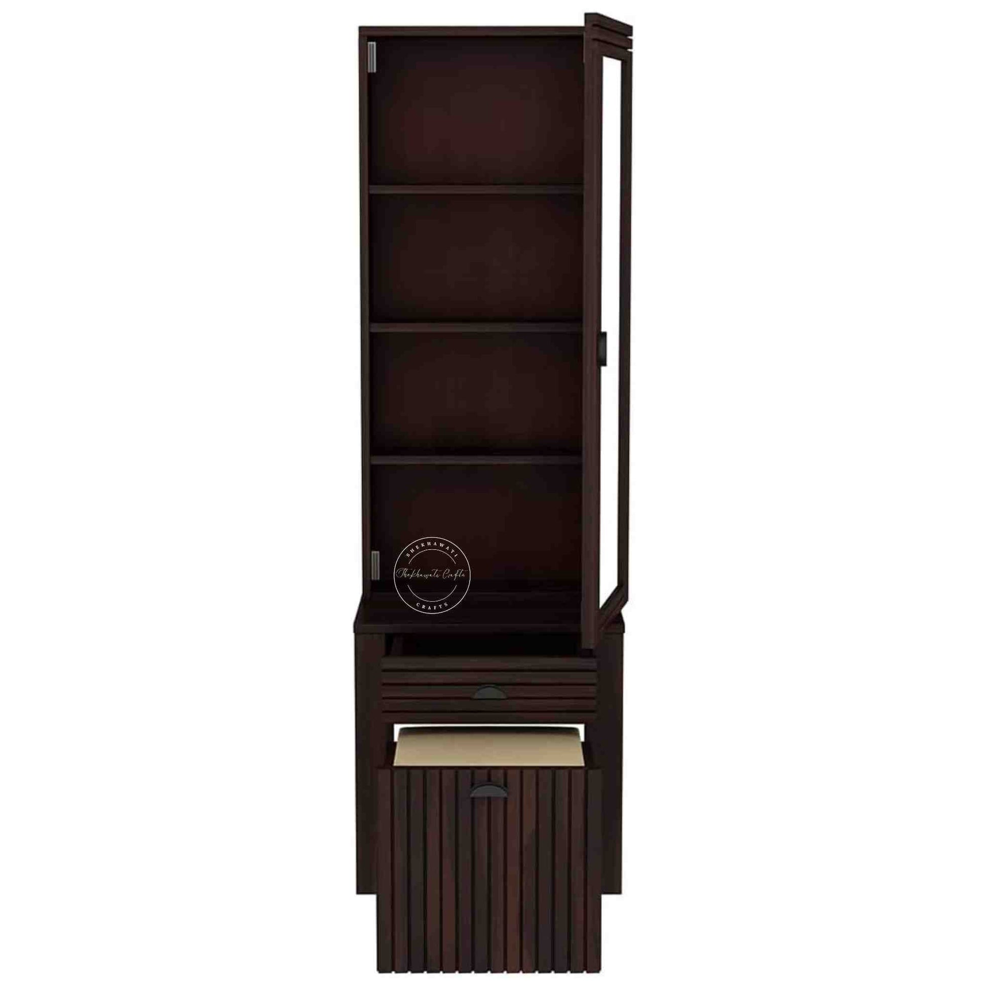 The Bergen dressing table is handcrafted from sheesham wood, featuring a mirrored storage door, one drawer, and a stool with storage options.