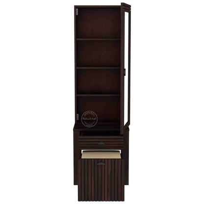The Bergen dressing table is handcrafted from sheesham wood, featuring a mirrored storage door, one drawer, and a stool with storage options.