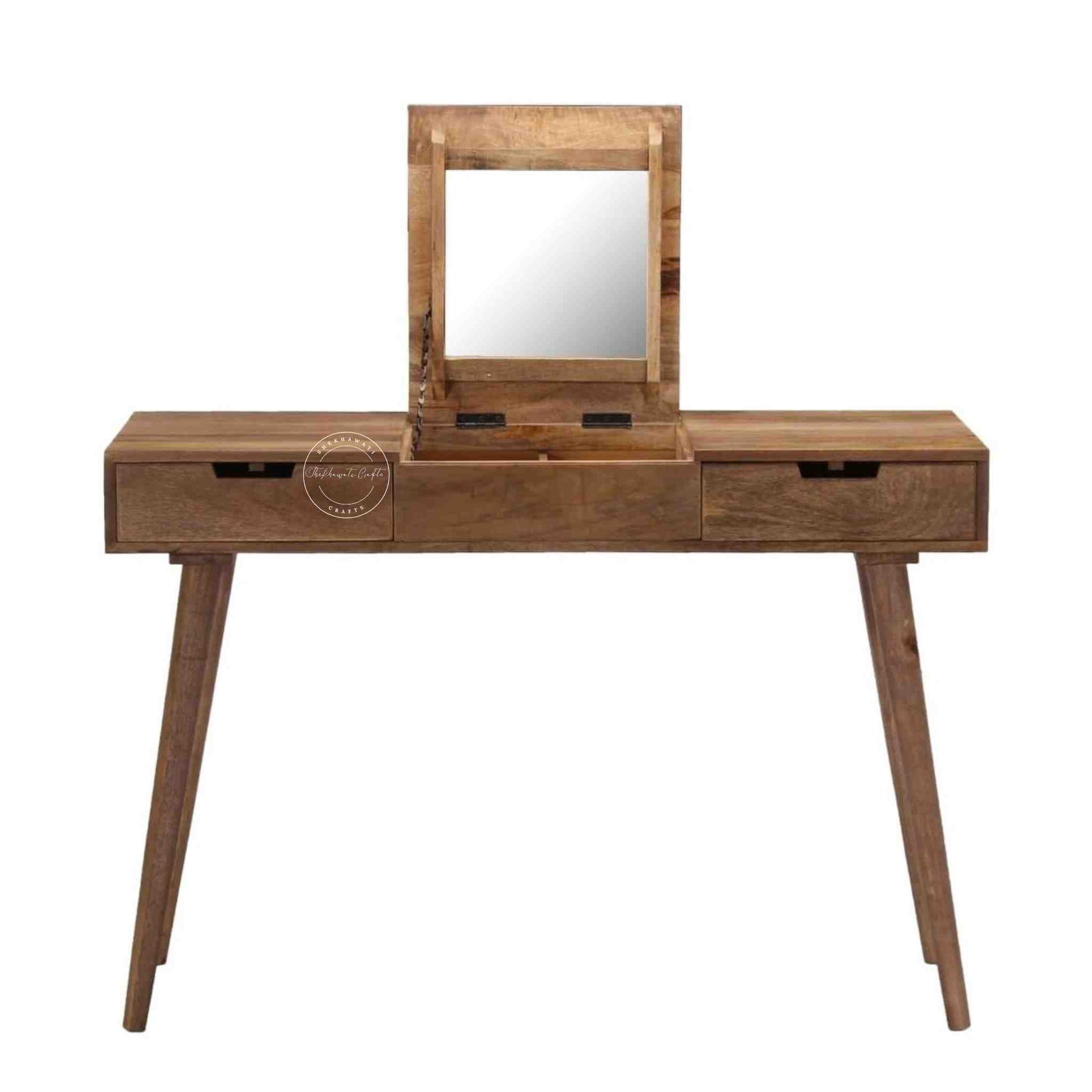 berry dressing table crafted with mango wood and its has 2 drawers, foldable mirror and  detachable legs.