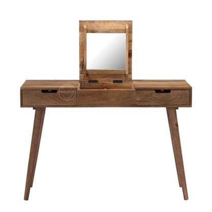 berry dressing table crafted with mango wood and its has 2 drawers, foldable mirror and  detachable legs.