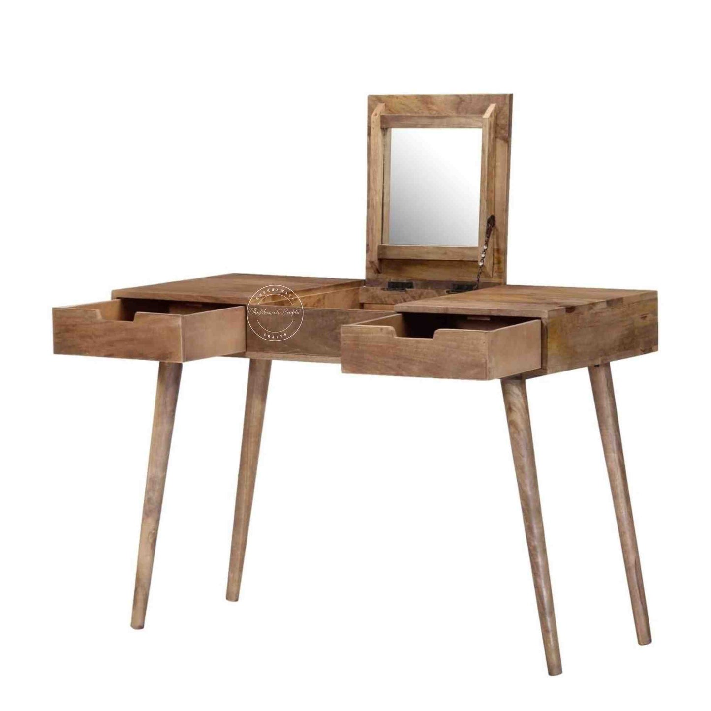 berry dressing table crafted with mango wood and its has 2 drawers, foldable mirror and detachable legs.