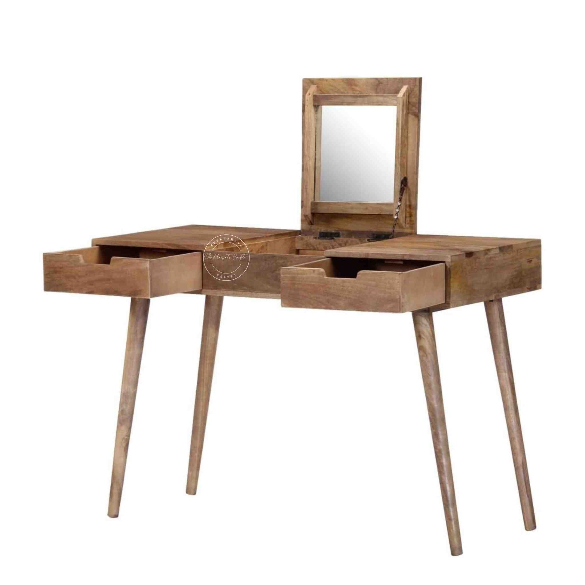 berry dressing table crafted with mango wood and its has 2 drawers, foldable mirror and detachable legs.