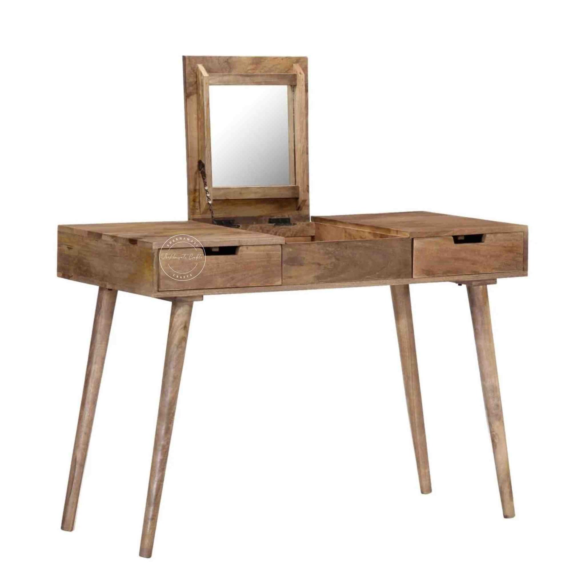 berry dressing table crafted with mango wood and its has 2 drawers, foldable mirror and detachable legs.