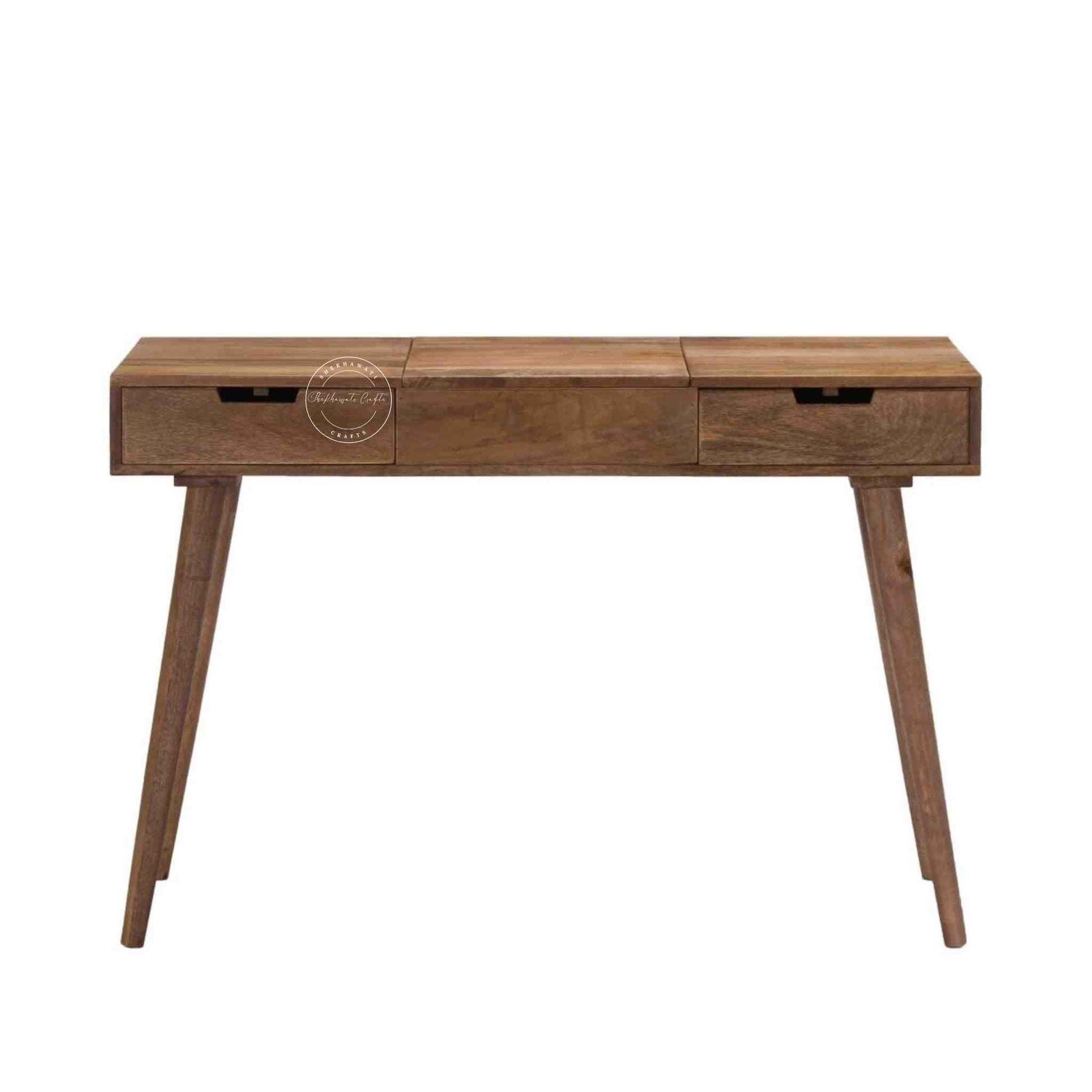 berry dressing table crafted with mango wood and its has 2 drawers, foldable mirror and detachable legs.