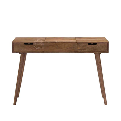 berry dressing table crafted with mango wood and its has 2 drawers, foldable mirror and detachable legs.