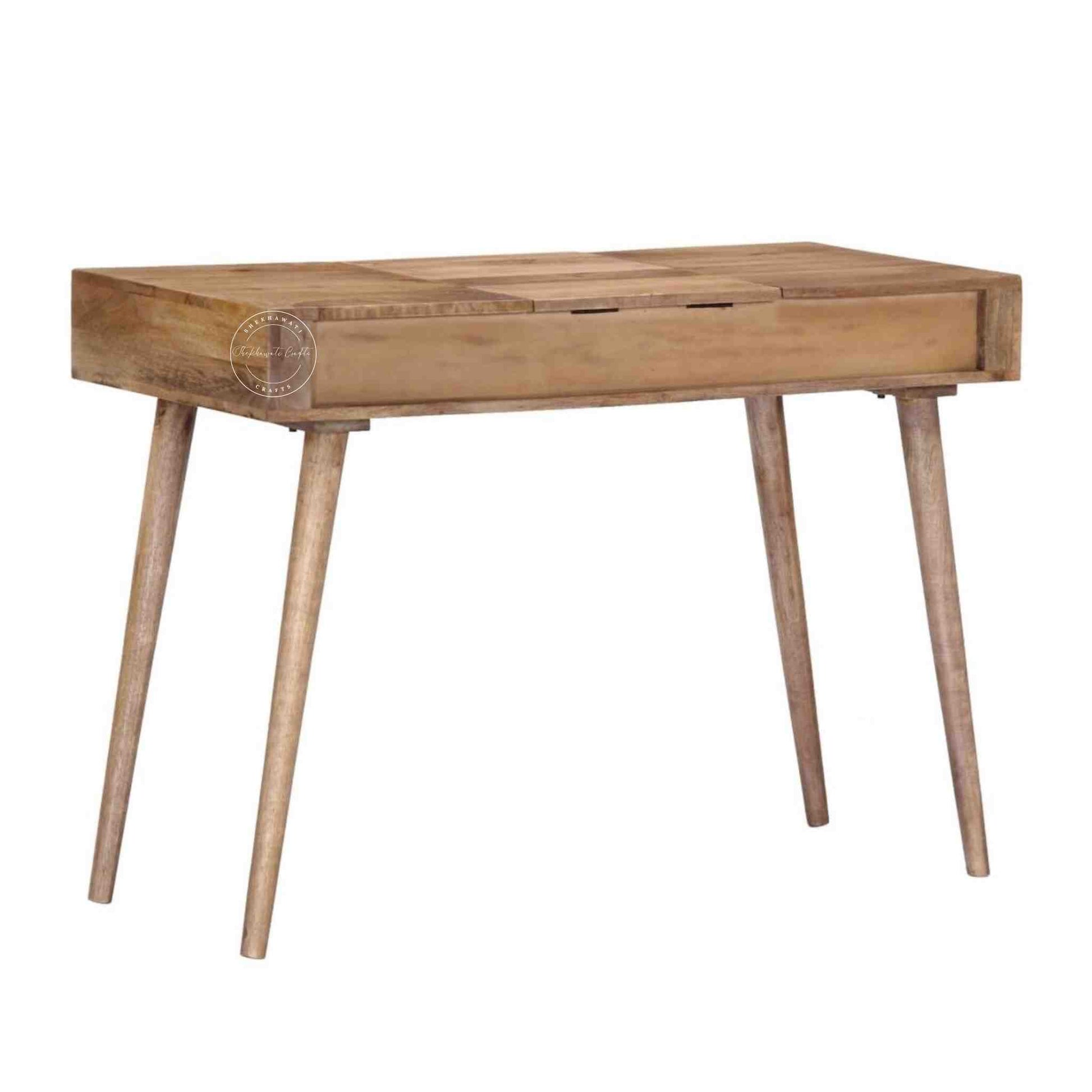 berry dressing table crafted with mango wood and its has 2 drawers, foldable mirror and detachable legs.