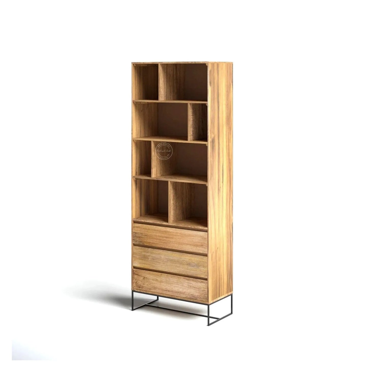 A tall wooden bookcase with multiple open shelves and three drawers at the bottom, supported by a slim black metal base frame.