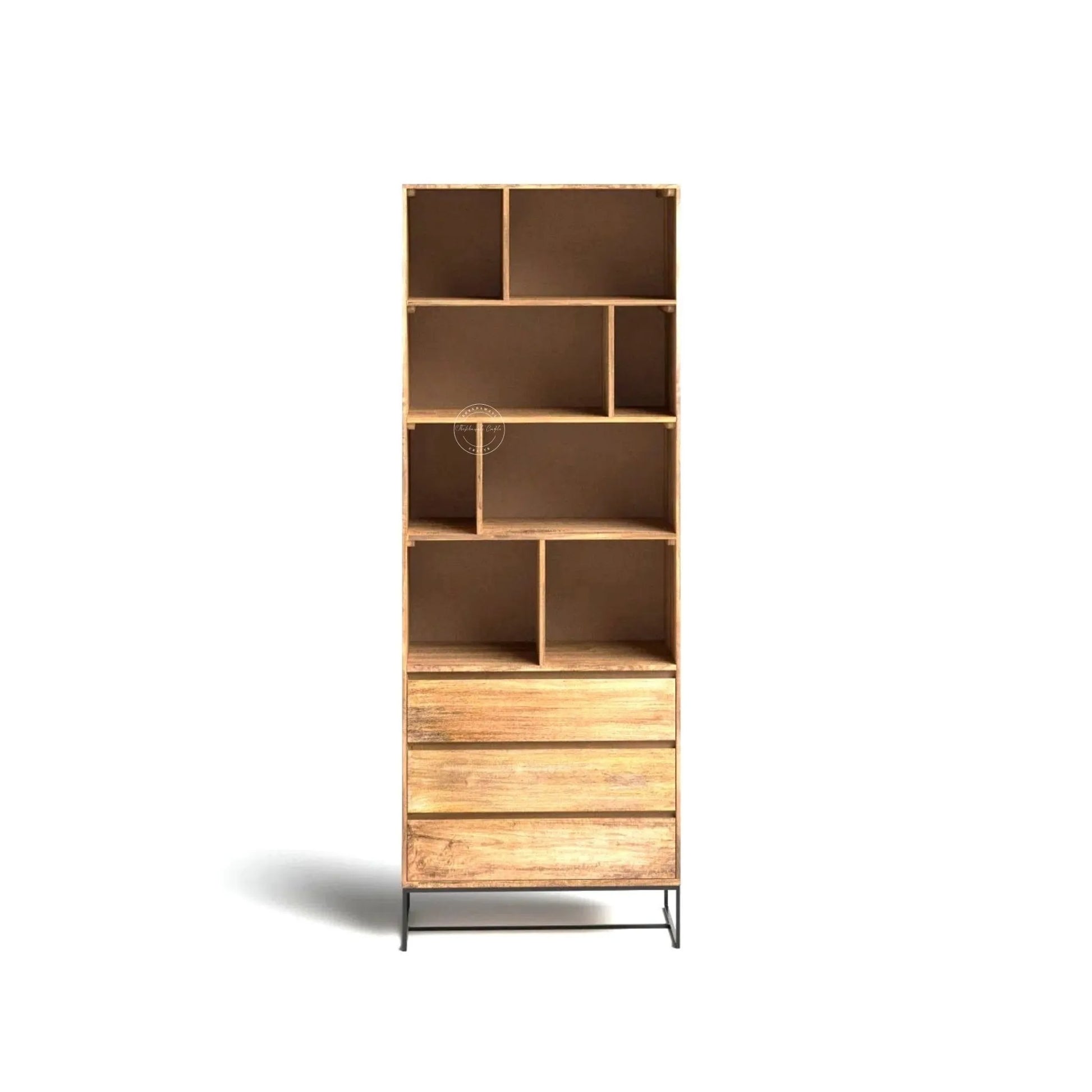 A tall, modern wooden bookcase and drawer unit with an open shelving design and three drawers at the bottom, supported by slim black metal legs.