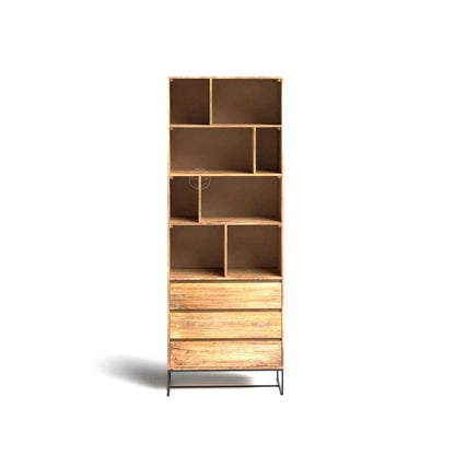 A tall, modern wooden bookcase and drawer unit with an open shelving design and three drawers at the bottom, supported by slim black metal legs.