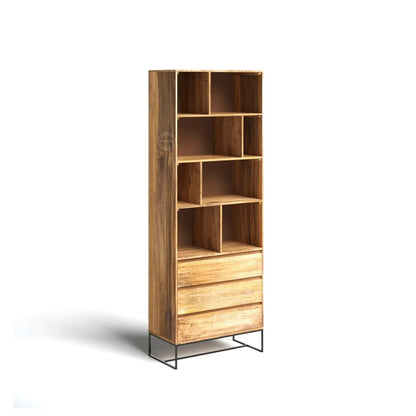 A tall wooden bookcase with an open shelving section on top and three drawers below, supported by a thin black metal frame.