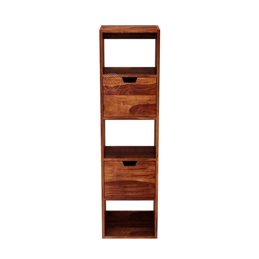 bluewud wall rack is handcrafted with sheesham wood. Featuring a honey finish, 2 drawers and a design that is easy to hang on the wall.